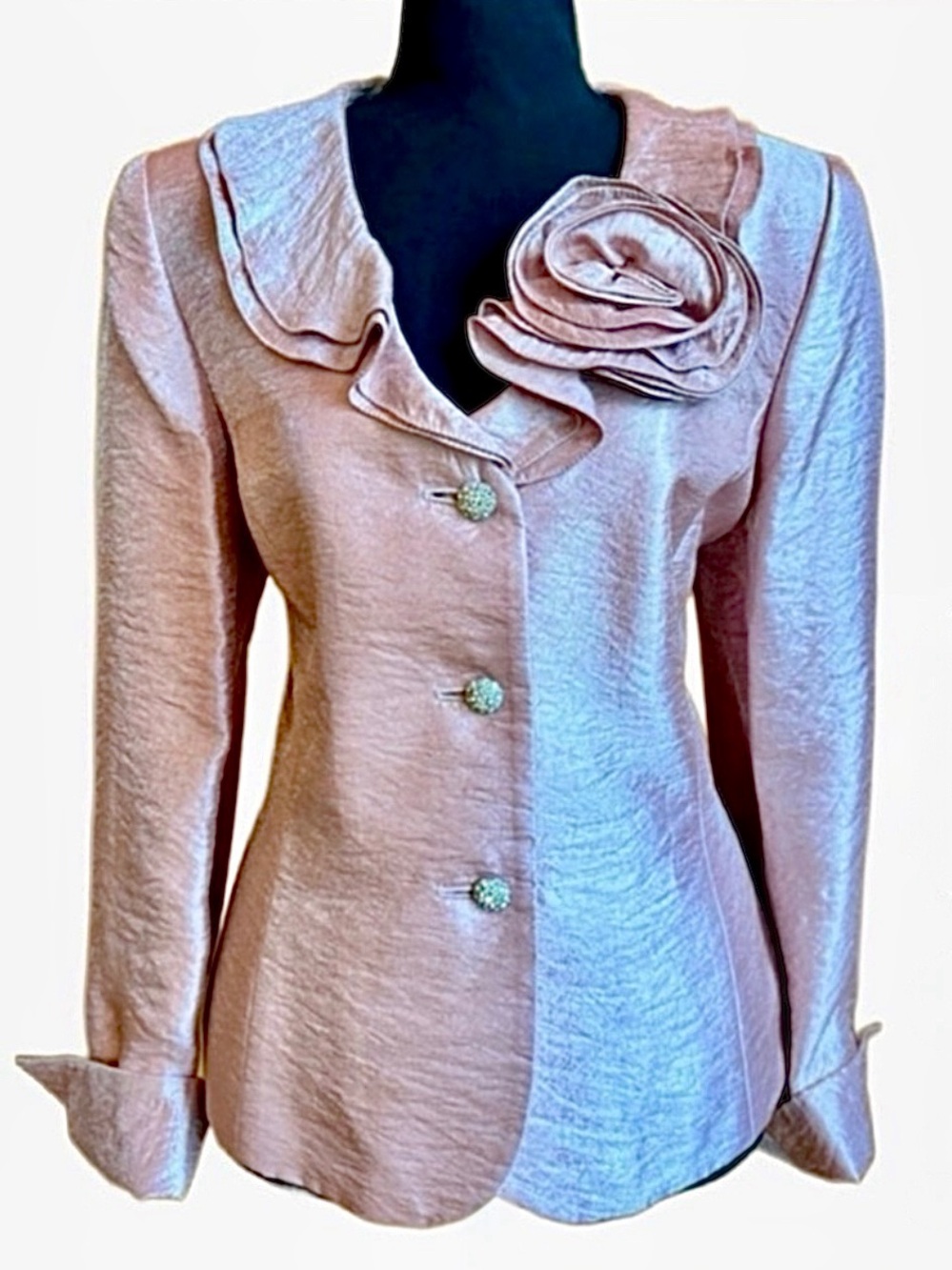 Dusty Pink Kasper Jacket with Rosette Accent & Vintage Faux Jeweled Buttons (12)